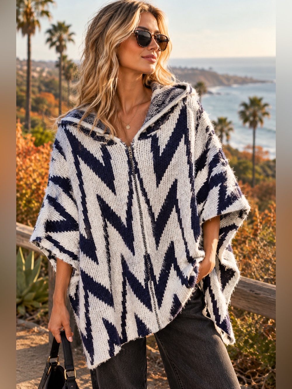 Elan Navy & White Chevron Hooded Zip Poncho OS